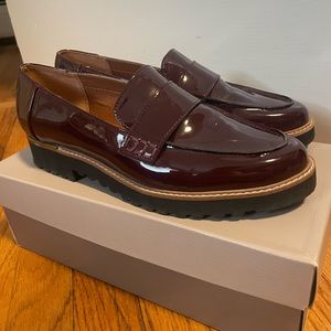 Franco Sarto Patent Leather Merlot Loafers with Beige Piping Size 8.5